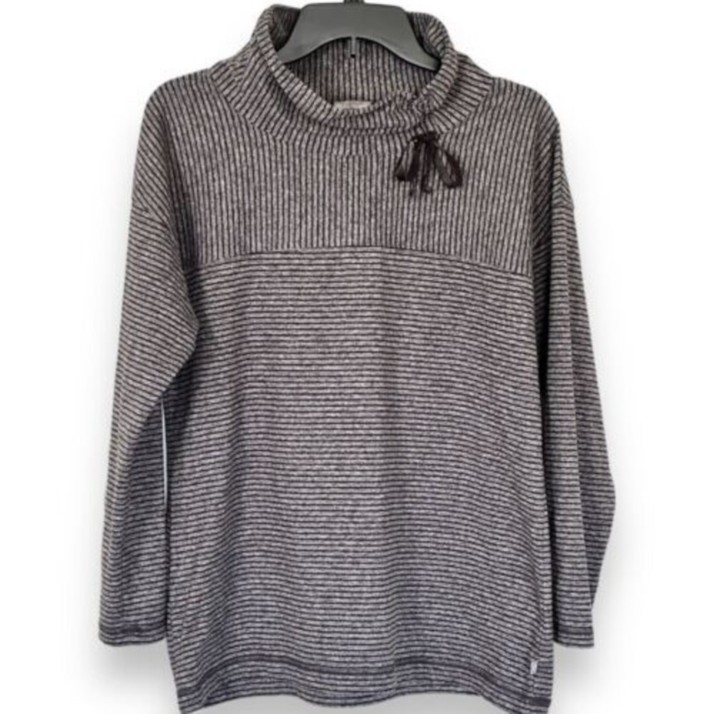 T by Talbots Womens Sweatshirt Size Medium Gray Striped Loose Mock Neck Comfy